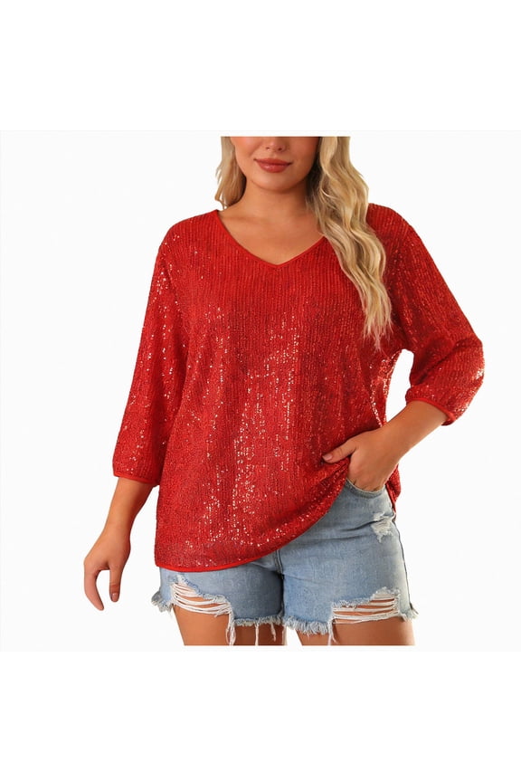Plus Size Sequin Top for Women Short Sleeve Party Blouse Evening Sparkle Shimmer V Neck Glitter Shirt Ladies Red Size L