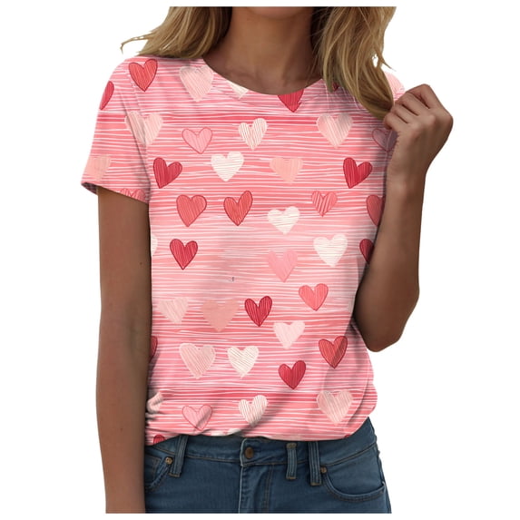 COMVALUE Plus Size Short Sleeve Tops for Women Bow Graphic Crewneck Casual Cute Shirts (Pink, M)