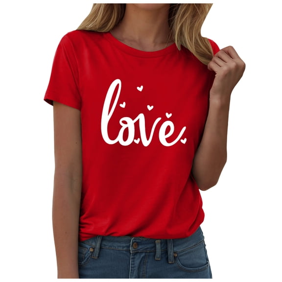 COMVALUE Plus Size Valentines Shirts for Women Heart Print Graphic Tees Valentine Shirt Casual Tops (Red, M)