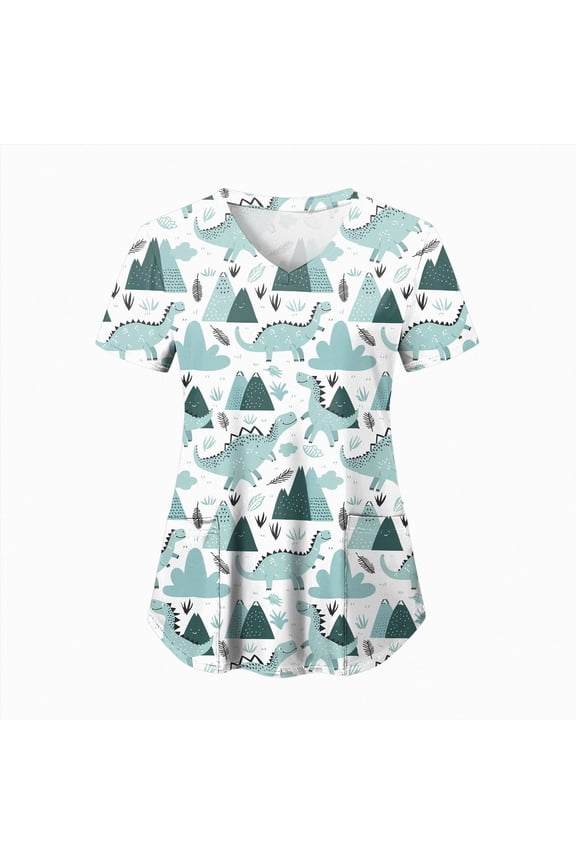Print Scrubs Women Nurse Vet Pediatric with Design Size Scrub Tops 2026 Spring Summer Scrub Shirts (Sky Blue, M)