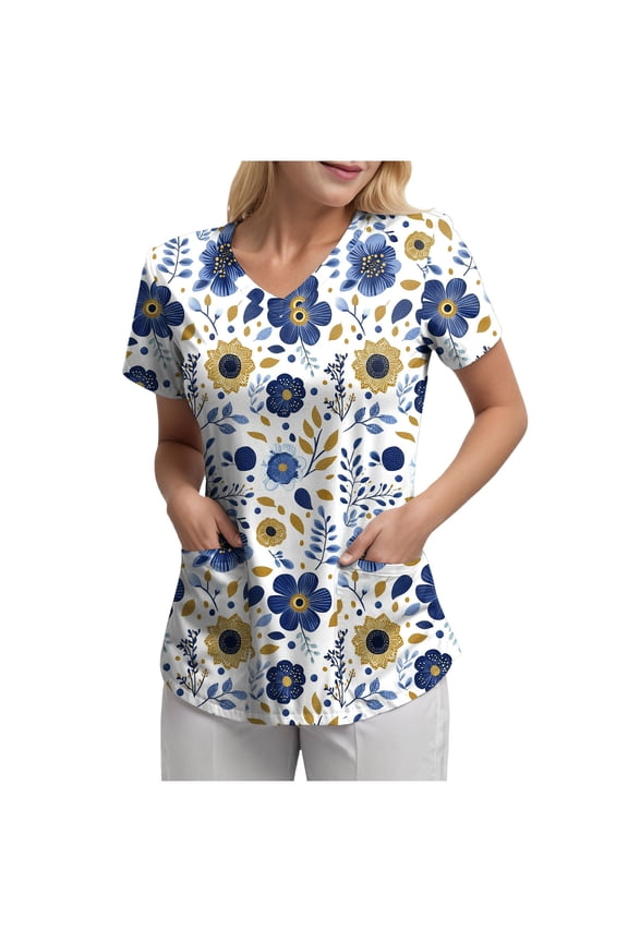 Print Scrubs for Women Nurse Vet Pediatric with Design Fit Plus Size Scrub Tops 2026 Spring Summer Scrub Shirts (Blue, M)