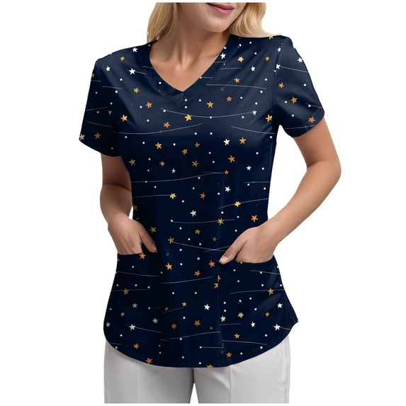 COMVALUE Print Scrubs for Women Nurse Vet Pediatric with Design Fit Plus Size Scrub Tops 2026 Spring Summer Scrub Shirts (Dark Blue, 3XL)