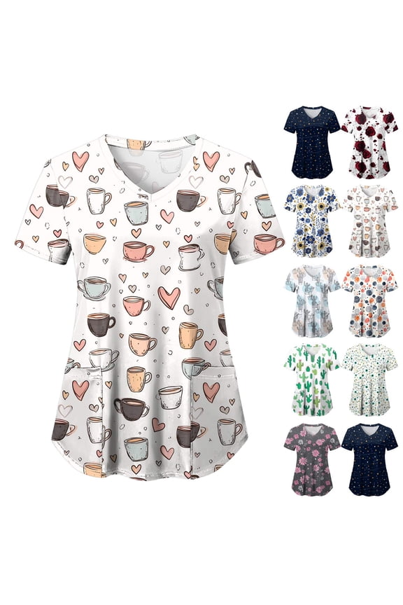 Print Scrubs for Women Nurse Vet Pediatric with Design Fit Plus Size Scrub Tops 2026 Spring Summer Scrub Shirts (Light Blue, 3XL)