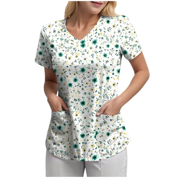 COMVALUE Print Scrubs for Women Nurse Vet Pediatric with Design Fit Plus Size Scrub Tops 2026 Spring Summer Scrub Shirts (Light Green, M)