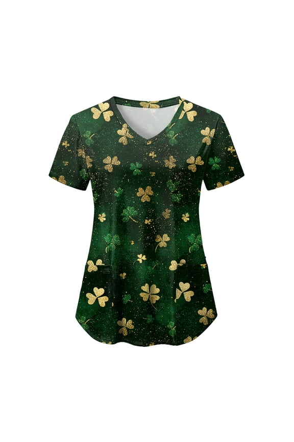 Printed Scrub Tops Women Short Sleeve V Neck Plus Size Scrubs for Womens Nursing Uniforms Shirts with Pockets (Gold, XXL)