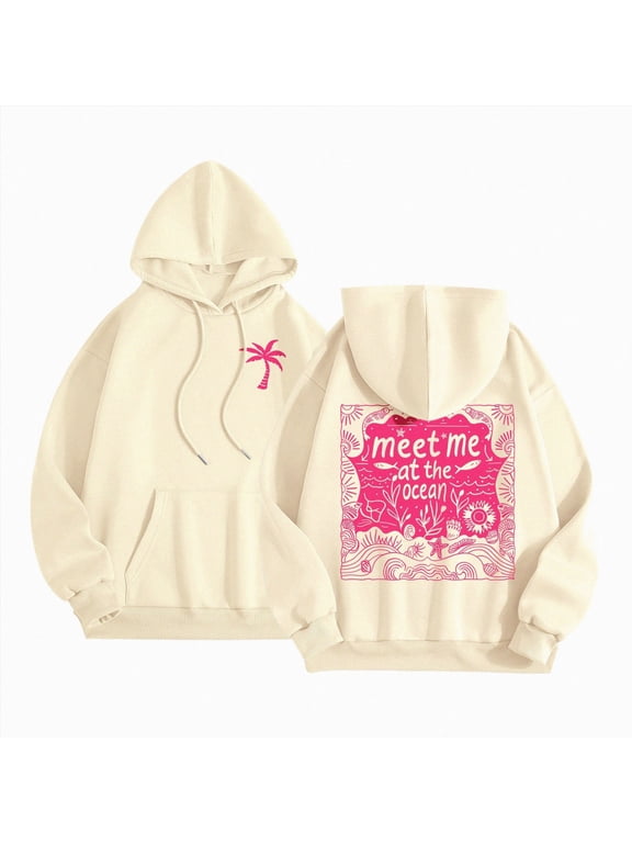 Puff Hoodie for Women, Cute Palm Pink Graphic Pullover Sweatshirt (Beige, L)