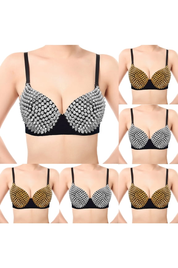 Punk Dancing Performance Gold Metallic Rivets Studded Strappy Bra Women Sexy Bras 2026 (B, XS)