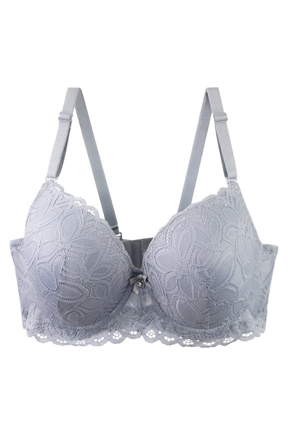 Push Up Bras for Women Sexy Lace Cleavage Extra Padded Plunge Bra Underwire (Grey, L)