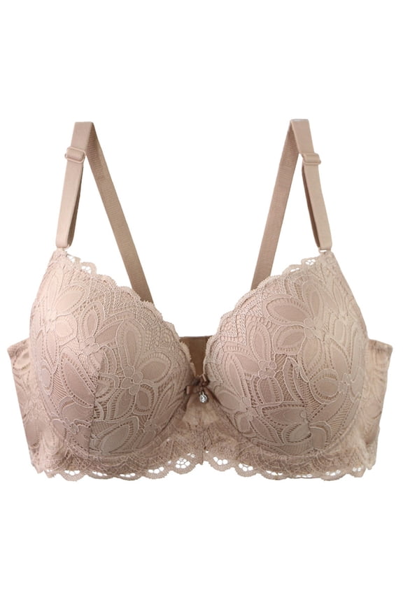 Push Up Bras for Women Sexy Lace Cleavage Extra Padded Plunge Bra Underwire (Khaki, XL)