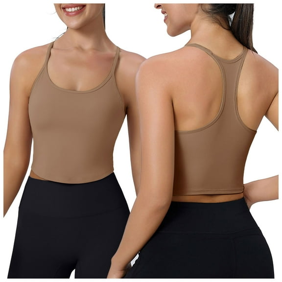 COMVALUE Racerback Crop Tank Tops for Women - Padded Y-Back Longline Sports Bras Scoop Neck Workout Yoga (Coffee, L)