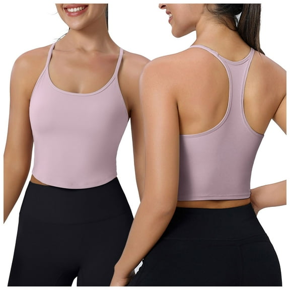 COMVALUE Racerback Crop Tank Tops for Women - Padded Y-Back Longline Sports Bras Scoop Neck Workout Yoga (Pink, L)