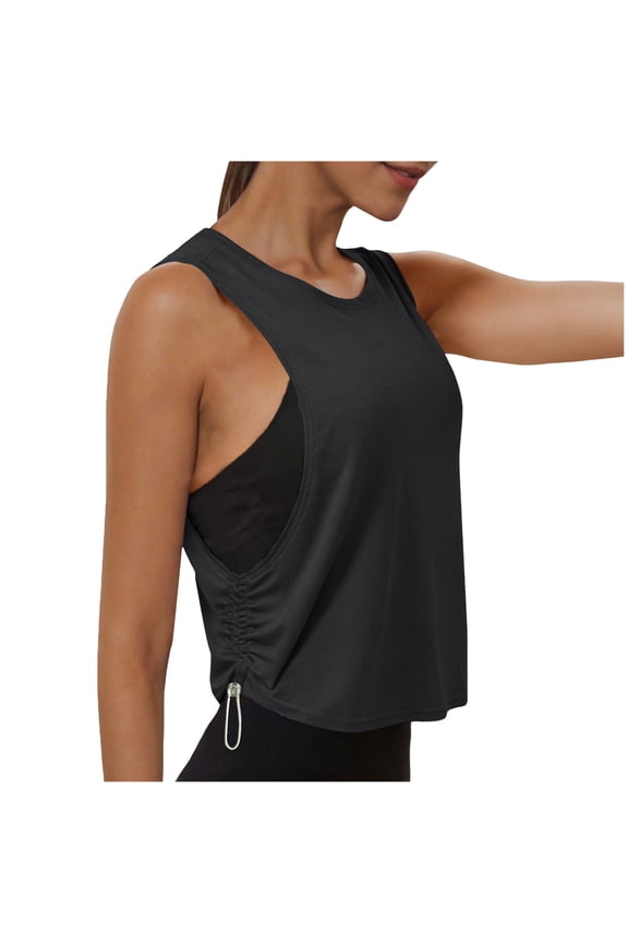 Ruched Side Workout Tank Tops for Women Open Side Athletic Yoga Loose Crop Sleeveless Tanks Crewneck Activewear (Black, XXL)