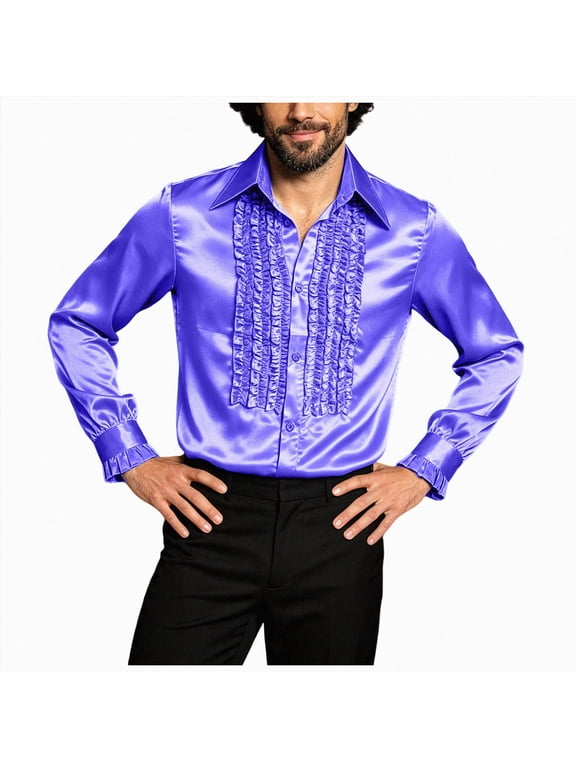 Ruffled Tuxedo Shirts Disco Shirt for Men Prom Halloween 80s 90s Ruffle Retro Shirt (Purple, XXL)