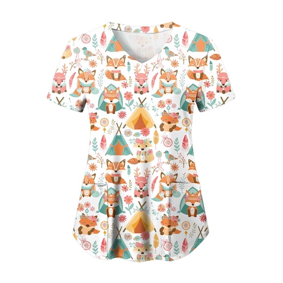 COMVALUE Scrub Tops Women Funny Print V Neck Short Sleeve Shirts Stretch Anti Wrinkle Nursing Uniform (Orange, M)