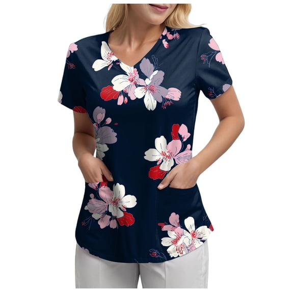 COMVALUE Scrub Tops Women Short Sleeve Plus Size V Neck Fun Printed Scrubs Top Medical Nursing Uniforms with Pockets (Black, XL)