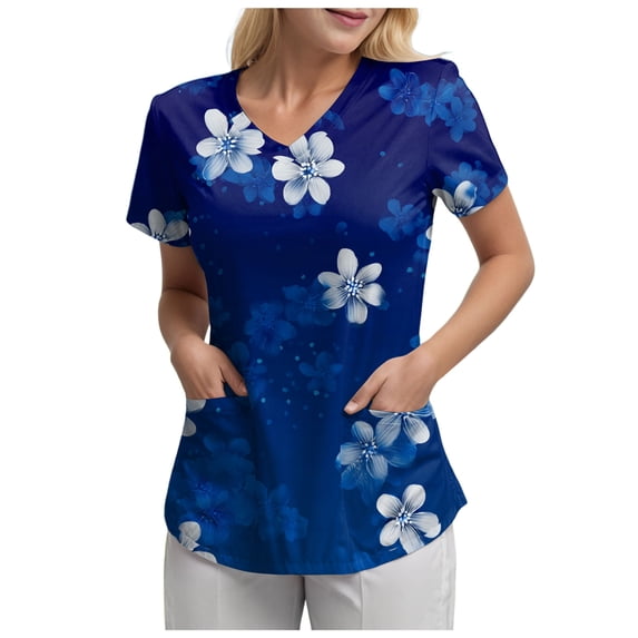 COMVALUE Scrub Tops Women Short Sleeve Plus Size V Neck Fun Printed Scrubs Top Medical Nursing Uniforms with Pockets (Dark Blue, 3XL)