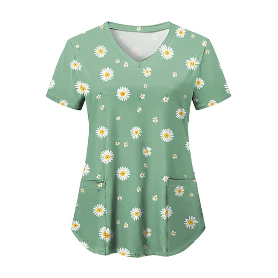 COMVALUE Scrub Tops Women Short Sleeve Plus Size V Neck Fun Printed Scrubs Top Medical Nursing Uniforms with Pockets (Green, XXL)
