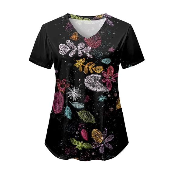 COMVALUE Scrub Tops Women Short Sleeve Plus Size V Neck Fun Printed Scrubs Top Medical Nursing Uniforms with Pockets (Grey, 3XL)