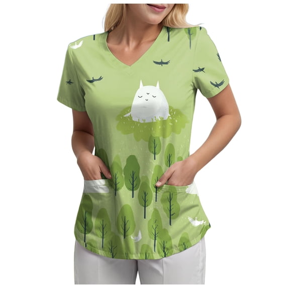 COMVALUE Scrub Tops Women Short Sleeve Plus Size V Neck Fun Printed Scrubs Top Medical Nursing Uniforms with Pockets (Light Green, S)