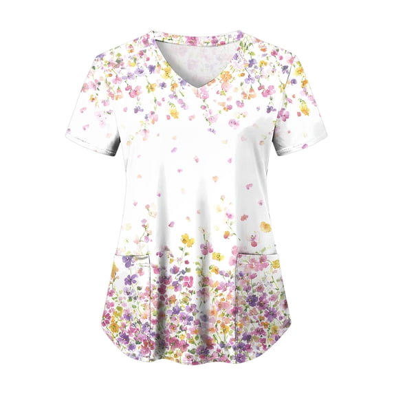 COMVALUE Scrub Tops Women Short Sleeve Plus Size V Neck Fun Printed Scrubs Top Medical Nursing Uniforms with Pockets (Light Pink, XXL)