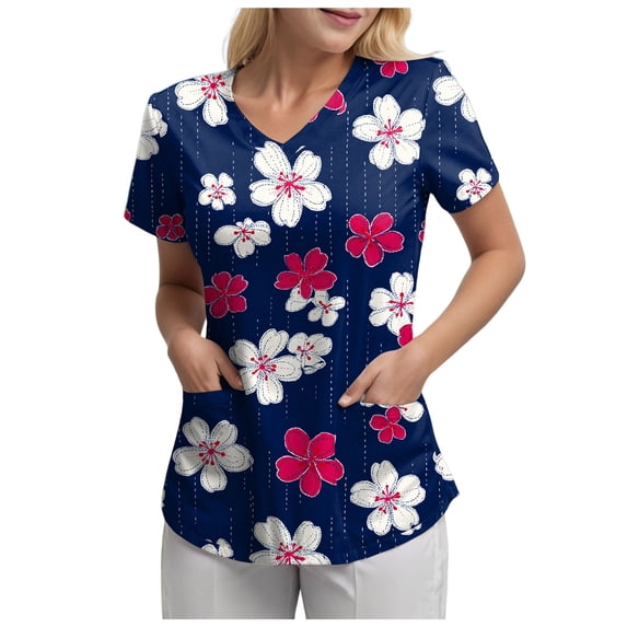 COMVALUE Scrub Tops Women Short Sleeve Plus Size V Neck Fun Printed Scrubs Top Medical Nursing Uniforms with Pockets (Navy, 3XL)
