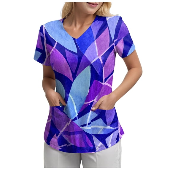 COMVALUE Scrub Tops Women Short Sleeve Plus Size V Neck Fun Printed Scrubs Top Medical Nursing Uniforms with Pockets (Purple, S)