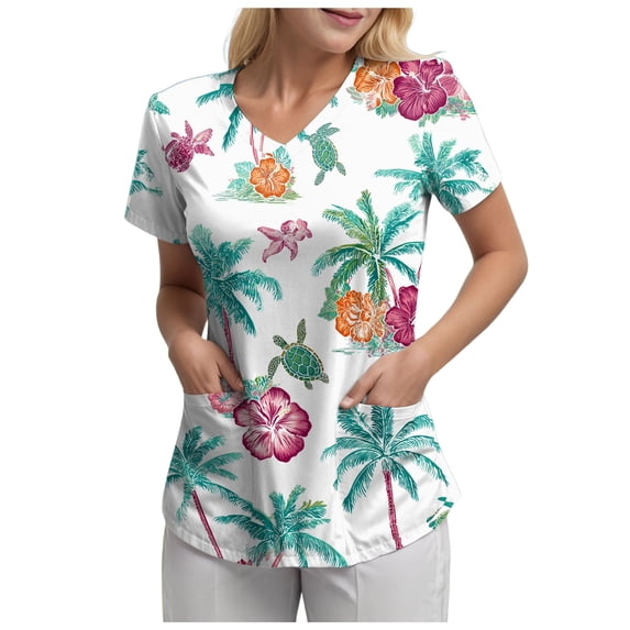 COMVALUE Scrub Tops Women Short Sleeve Plus Size V Neck Fun Printed Scrubs Top Medical Nursing Uniforms with Pockets (White, S)