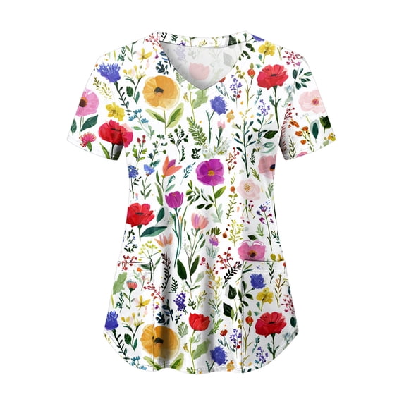 COMVALUE Scrub Tops Women Short Sleeve Plus Size V Neck Fun Printed Scrubs Top Medical Nursing Uniforms with Pockets (White, S)