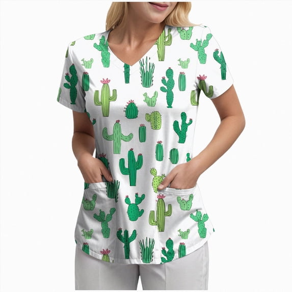 COMVALUE Scrub Tops Women Short Sleeve V-Neck Holiday Printed Medical Nurse Uniforms Scrub Tops Shirt with Pockets (Green, 3XL)