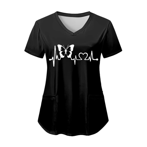 COMVALUE Scrub Tops for Women Short Sleeve Working Uniform with Pocket Summer ECG Heart Graphic Print V Neck Stretchy Holi T Shirts (Black, S)