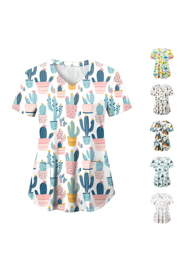 Scrubs for Women Tops Printed Shirt V Neck Cute Cartoon Pattern Short Sleeve Nursing Uniform with Pockets (Beige, L)