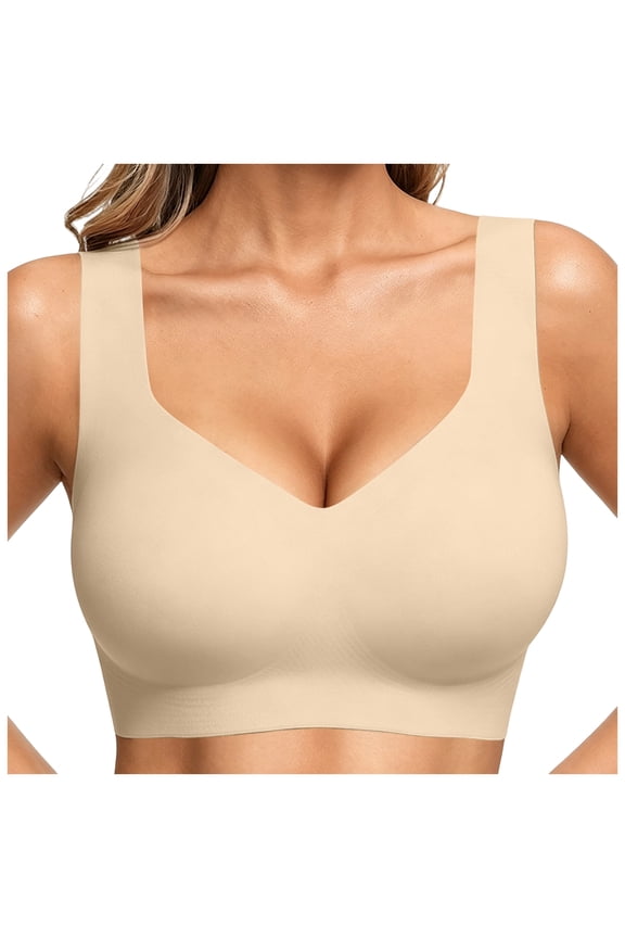 Seamless Pullover Bras for Women Wireless Full Coverage T Shirt Bralette Wide Straps Sleep Everyday Bra (Beige, XL)