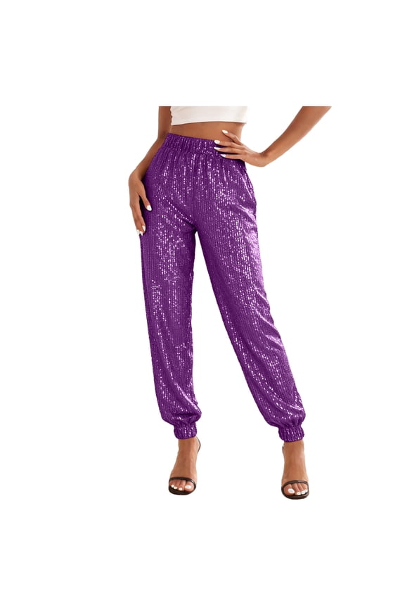 Sequin Joggers for Women 2026 Sparkly Pants Holiday Party Glitter Trousers Disco Dance Elastic High Waisted Pants (Blue, XXL)