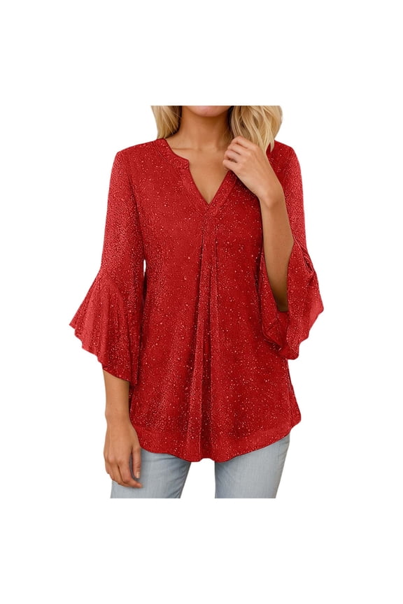 Sequin Tops for Women Sparkly Ruffle V Neck Plus Size Blouses Flowy Shirts Dressy Layers Mesh Tunic Tops (Red, XL)
