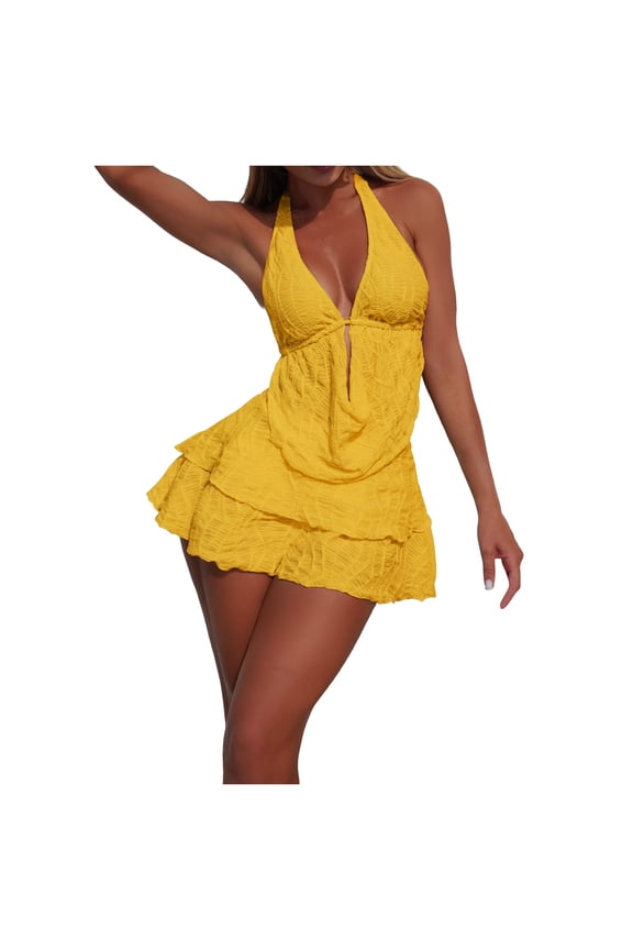 Sexy Women Plunge V 3 Piece Bikini Set,Textured Halter Cheeky Low Rise Swimsuit Cover Up Skirt,Going Out Beach Outfit (Yellow, S)