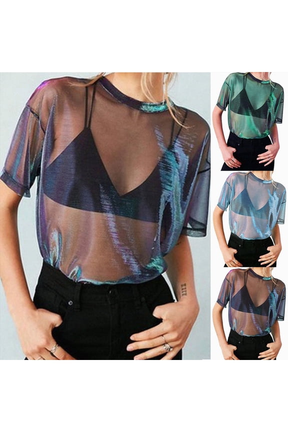 Sheer Mesh Fishnet Rave Festival Women's Crop Top Blue for Size M
