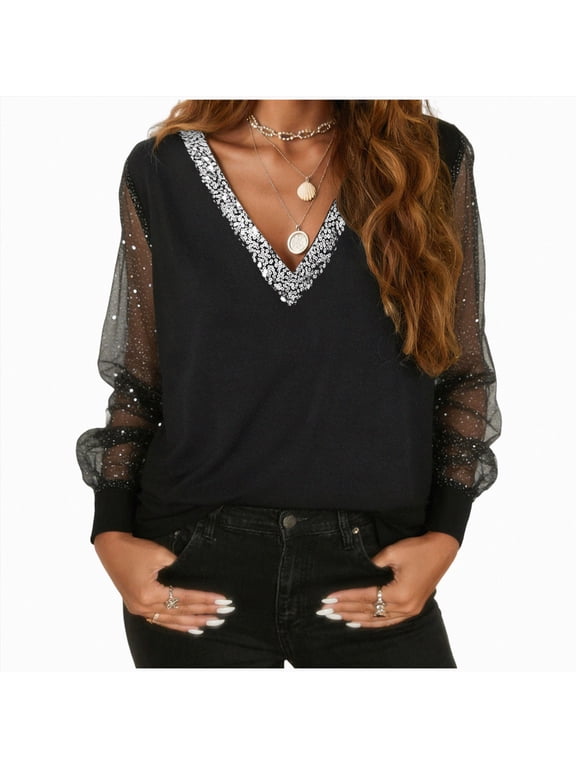Sheer Mesh Long Sleeve Sequin Tops for Plus Size Women Casual Glitter Sparkly Party V Neck Blouse Shirts (Black, XXL)