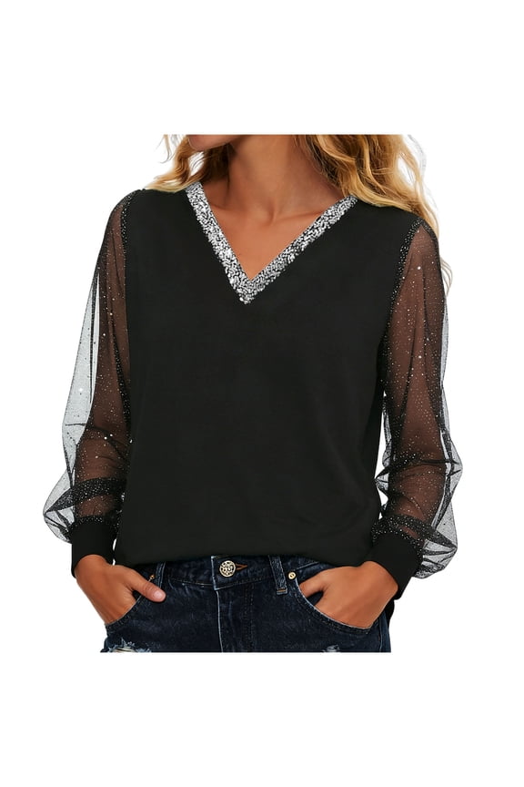 Sheer Mesh Long Sleeve Sequin V Neck Tops for Plus Size Women Casual Glitter Sparkly Party Blouse Shirt (Black, XL)
