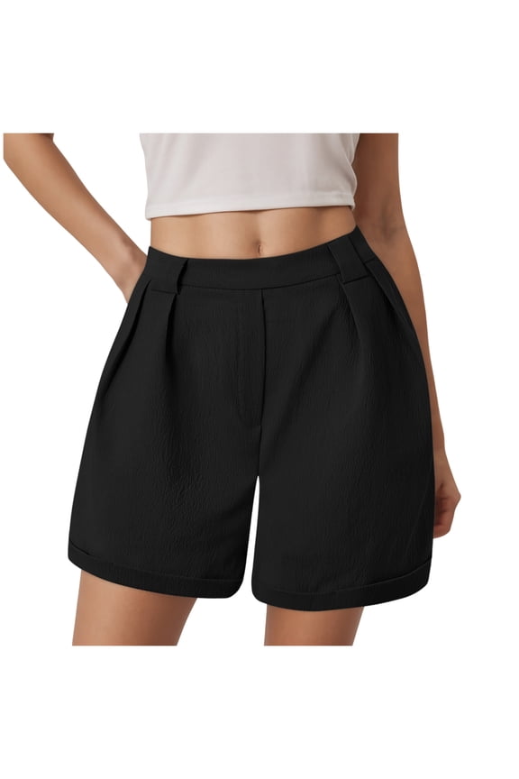 Shorts for Women Trendy Summer Elastic High Waisted Wide Leg Casual Short Loose Cuffed Hem Work Trouser Shorts (Black, L)