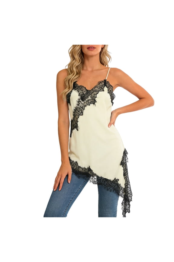 Silk Lace Trim Camisole Tops for Women Satin Layering Asymmetrical Patchwork Cami Spaghetti Strap Tank Slip Top (Rose Gold, XS)
