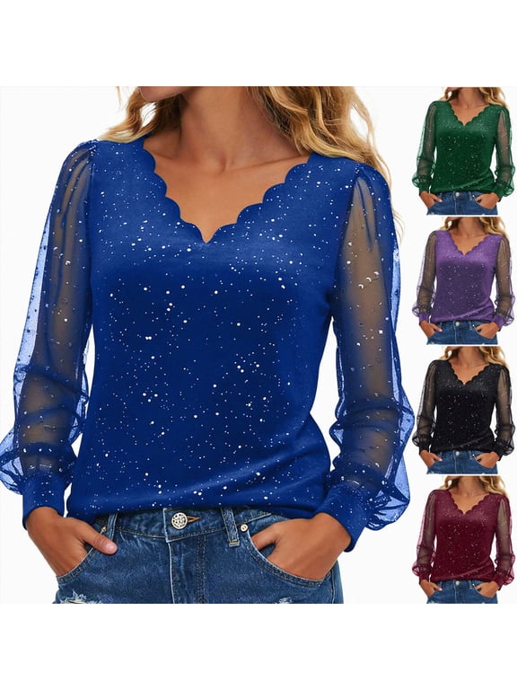 Sparkly Long Sleeve Blouse Sequin Deep V Neck Tunic Elegant for Night Party Purple for Size S