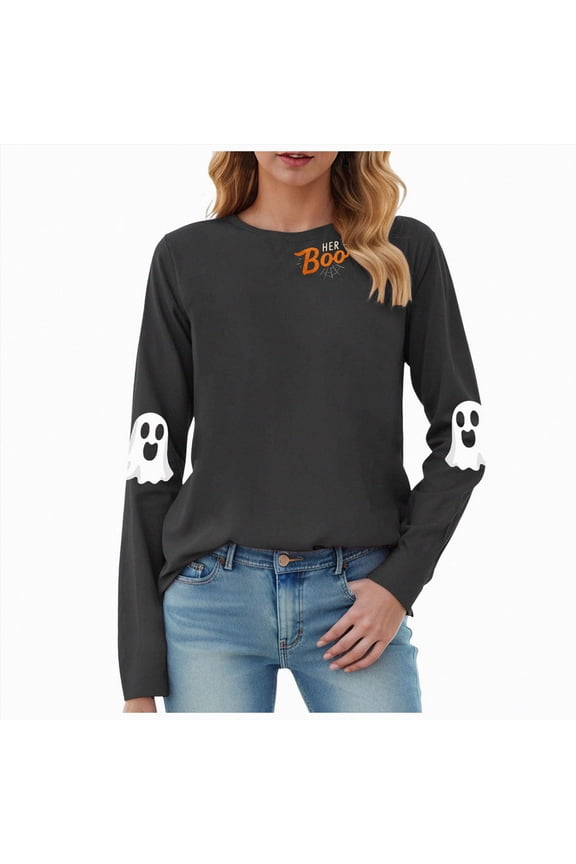 Spooky Season Sweatshirts Halloween Ghost Sweatshirt Women - Halloween Graphic Crewneck Tops Casual Sweater Grey for Size M