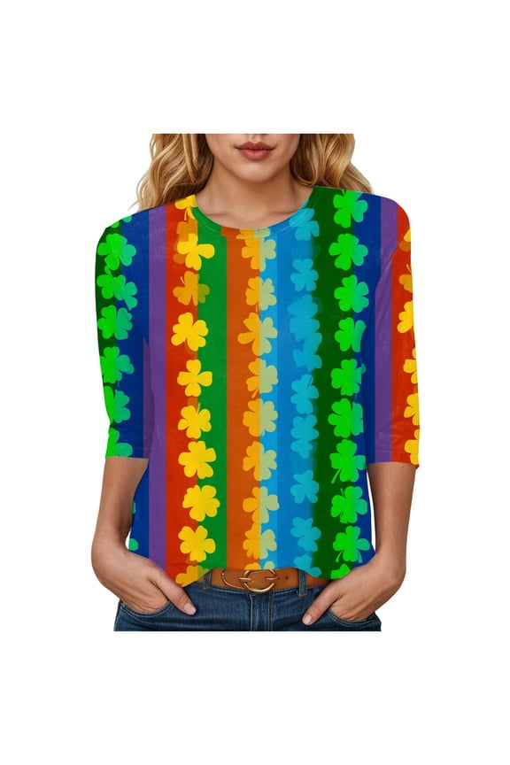 St Patricks 3/4 Sleeve Day Shirt Women 2026 Casual Plus Size Irish Clover Shirts Funny Saint Patrick's Tunic Tops (Sky Blue, XXL)