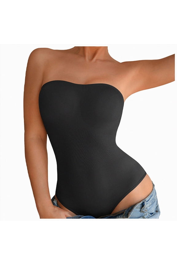 Strapless Shapewear Bodysuit for Women Thong Bodysuit Tummy Control Tube Top Body Suits with Removable Strap (Black, M)
