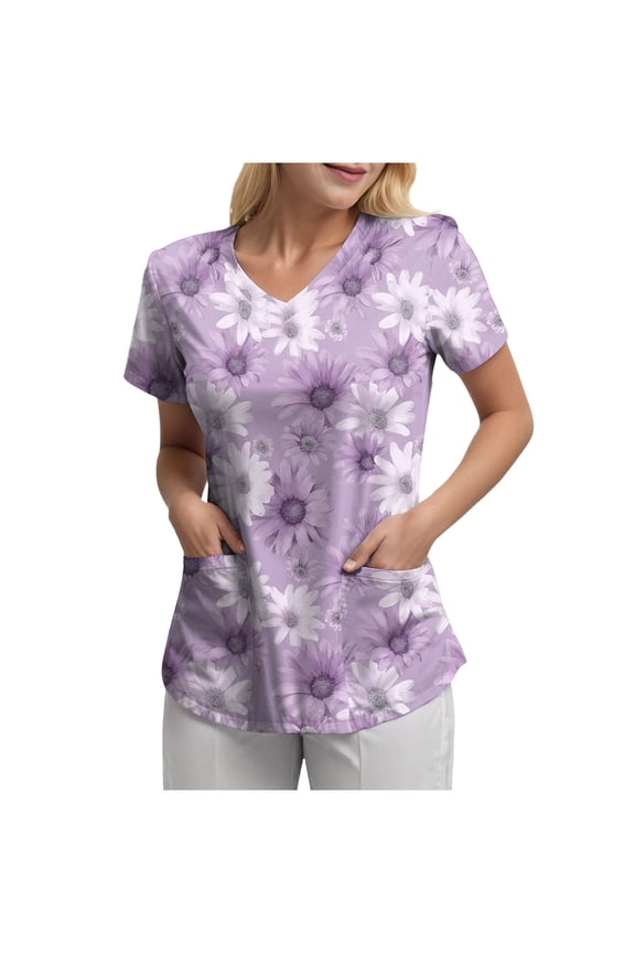 Stretch V-Neck Nursing Scrubs Top Moisture-Wicking & Odor-Control Durable Medical Uniform for Hospitals & Clinics (Purple, XXL)