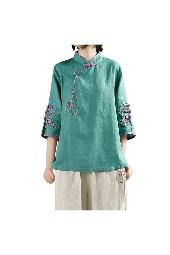 Summer 3/4 Sleeve Chinese Blouses Traditional Mandarin Embroidered Jacquard Shirts (Blue, XL)