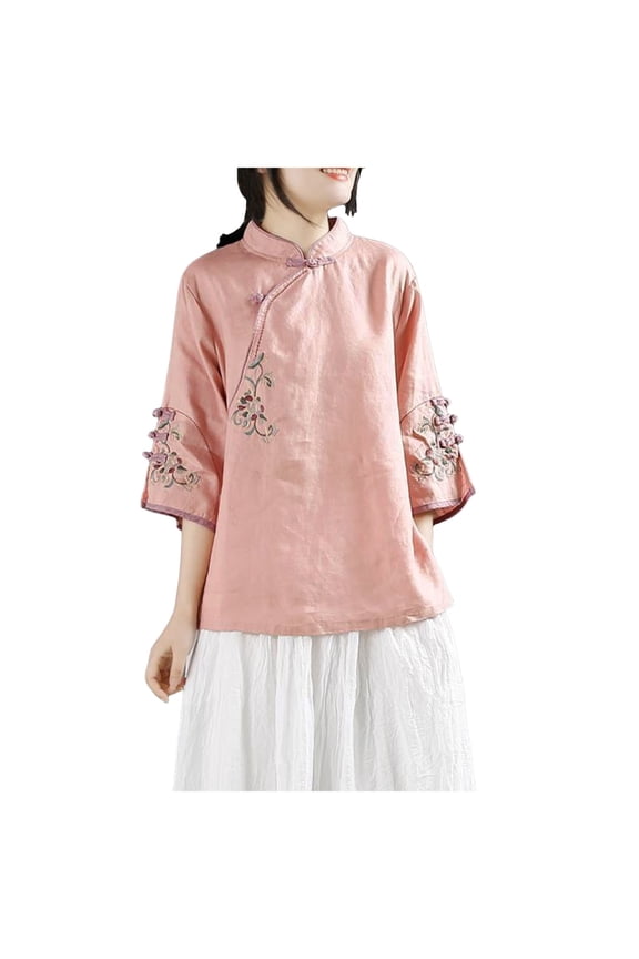 Summer 3/4 Sleeve Chinese Blouses Traditional Mandarin Embroidered Jacquard Shirts (Pink, 4XL)