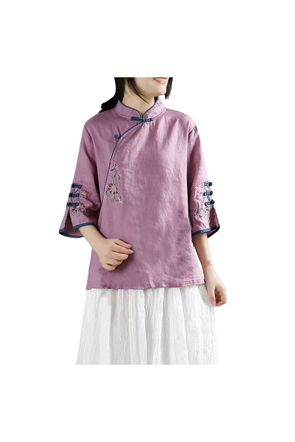 Summer 3/4 Sleeve Chinese Blouses Traditional Mandarin Embroidered Jacquard Shirts (Purple, M)