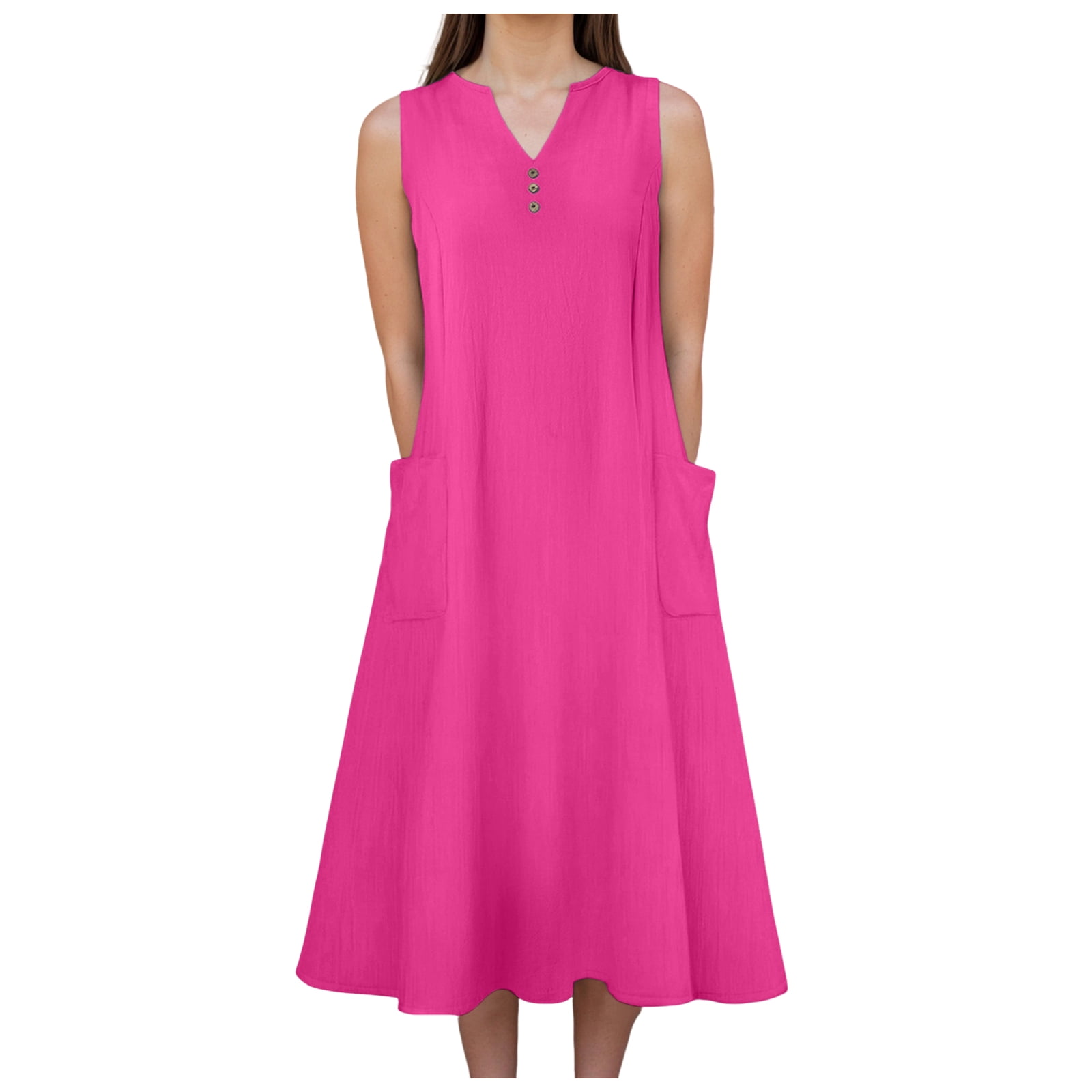 Hot Pink Women Dresses 2026.COMVALUE Summer Dresses V Neck for Women 2026 Button Sleeveless Midi ...