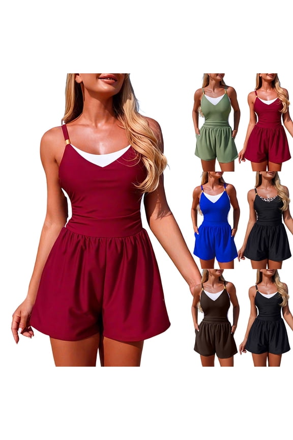 Swim Romper Women One Piece Swimsuit Tummy Control Bathing Suit Modest Full Coverage Swimwear with Shorts Pockets (Blue, L)